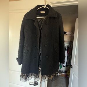Wool-Blend Black Peacoat with Sheer Hem size L
